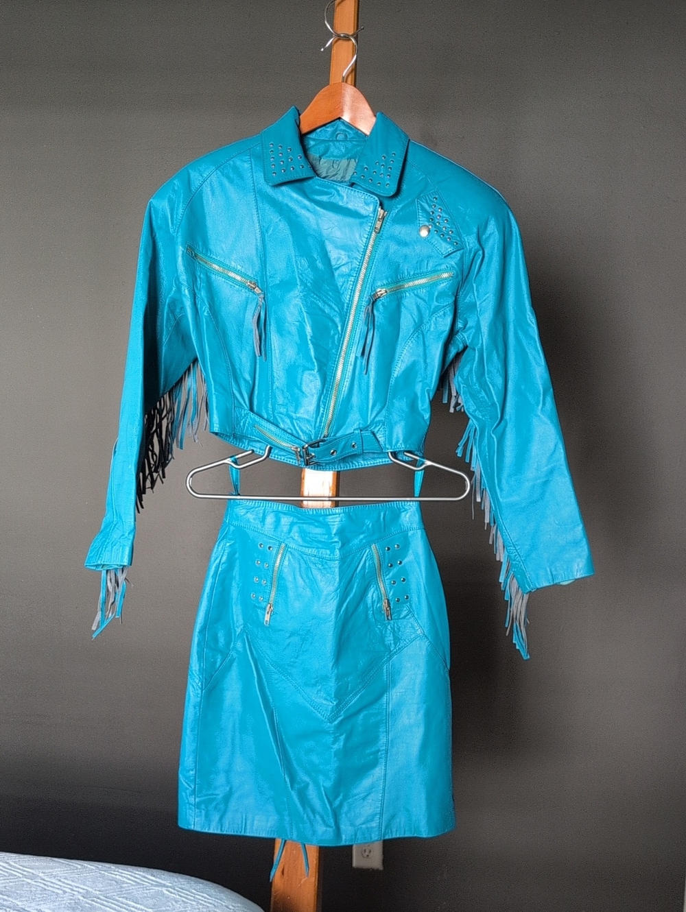 Women's Vintage 1980s Chia Teal Fringe Leather Jacket & Skirt Set